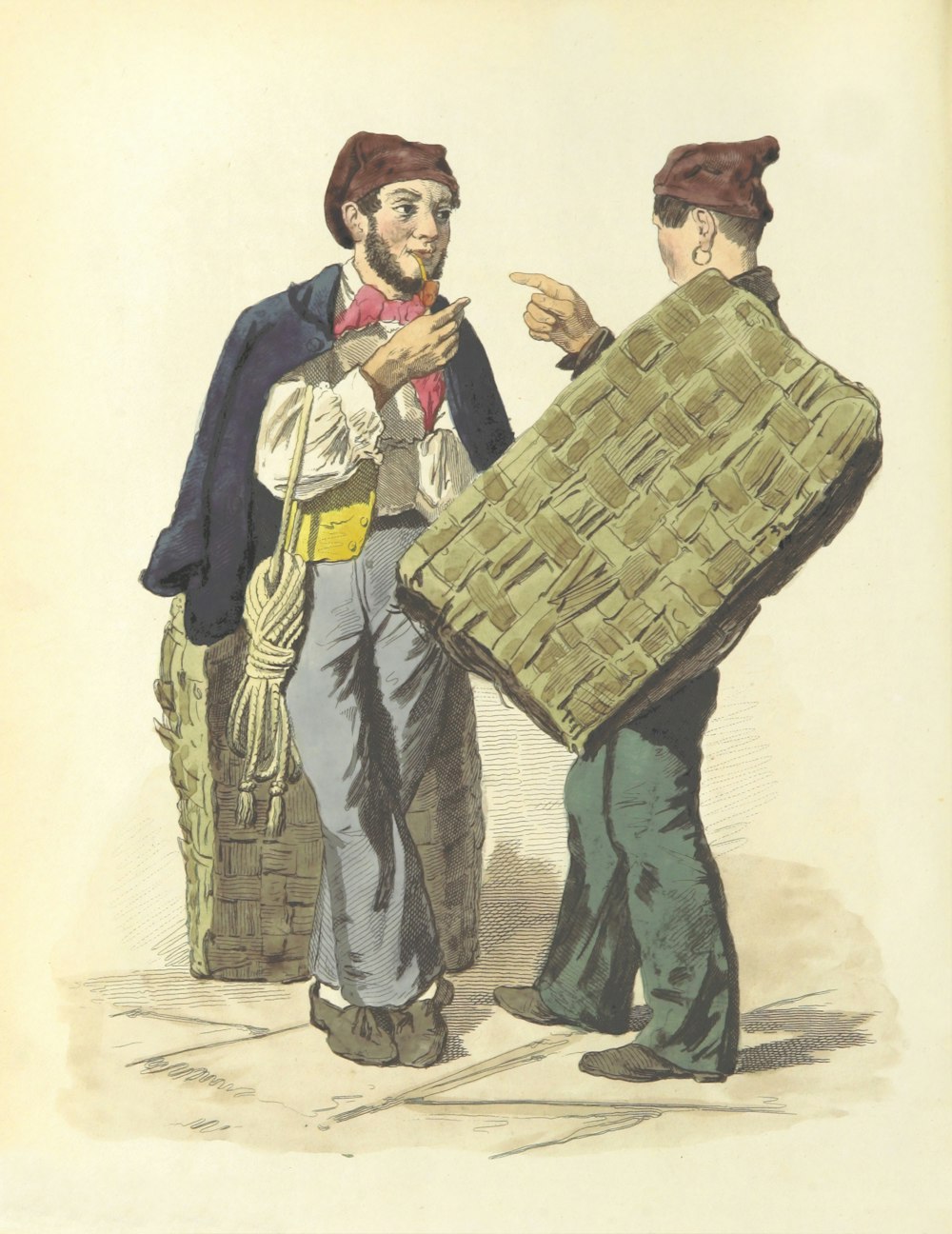 two men holding brown baskets painting