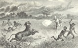 An old drawing depicts a group of men, some in European-style clothing and helmets, engaging with a lion in a grassland setting. Indigenous individuals, holding spears, appear to be fleeing or defending themselves. One man is firing a rifle at the lion, while smoke from the shot drifts through the air. Trees and clouds are visible in the background, adding to the tense and dramatic scene.