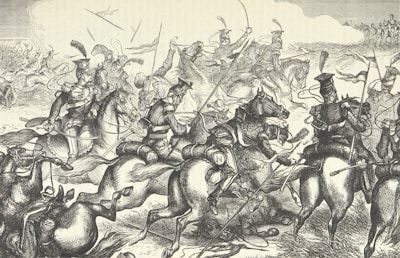A detailed black and white illustration depicting a chaotic battle scene with numerous soldiers on horseback engaged in combat. The soldiers are wearing period military uniforms, with helmets and carrying weapons such as sabers and lances. The scene captures movement and intensity as the horses gallop and soldiers maneuver amidst smoke and dust.