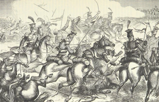 An ancient manuscript illustration depicting knights in armor during a crusade battle.