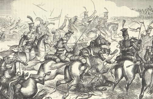 A detailed illustration of a fantasy medieval battlefield with anime-style warriors clashing swords and casting spells.