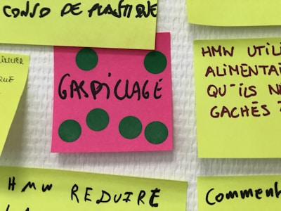Colorful sticky notes are placed on a surface, each with handwritten text in French. There is a prominent pink sticky note with green dots and the word 'Gaspillage' written on it. Other sticky notes are light yellow, with black and brown ink writing, discussing various topics.