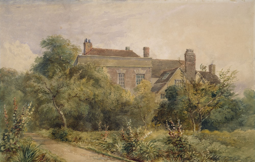 house surrounded by trees painting