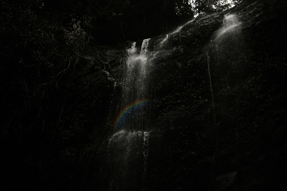 grayscale photography of waterfalls