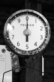A vintage hanging scale with a round face displaying numbers 1 through 9 and marked with increments for precision. The brand 'Toledo' is prominently mentioned in the center. The scale has an aged appearance with some rust visible on the metallic parts, set against a wooden background.