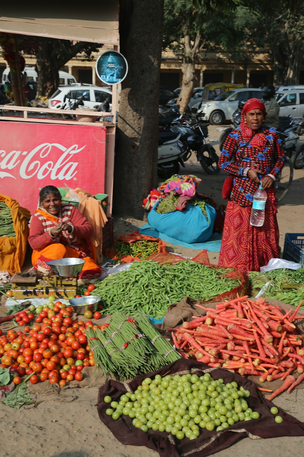 two women standing and sitting beside displayed vegetables