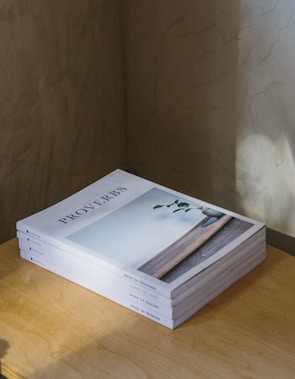 A stack of books titled 'Proverbs' is neatly arranged on a wooden surface. The top book features an image of a vase with a single green branch against a serene background. Soft lighting casts subtle shadows on the surface.