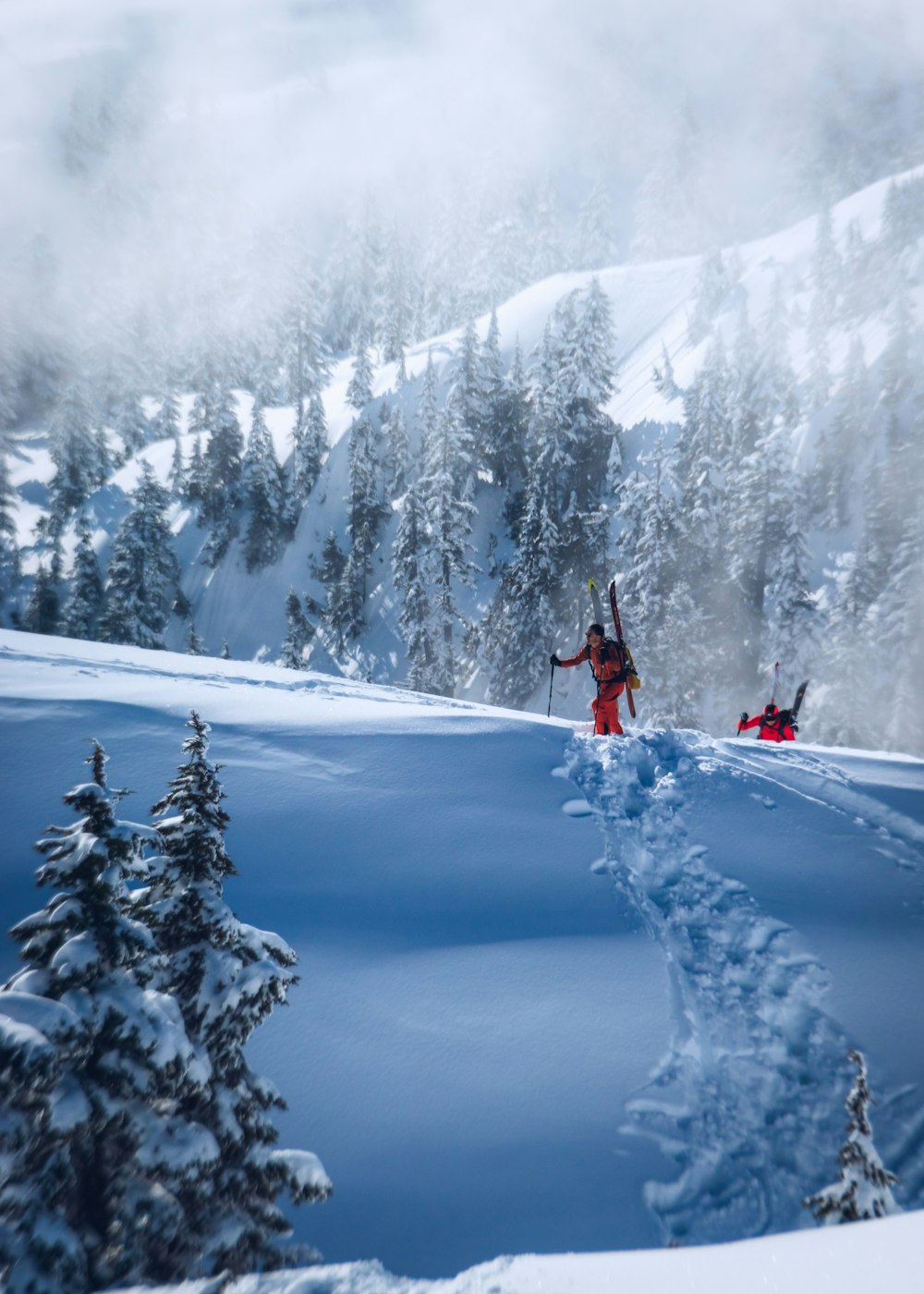 two men hiking in a snowy mountain