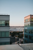Two modern multi-story office buildings flank a street, with the sun casting warm light on their structures. The sky is clear with soft pastel hues, and a white building is visible in the background. Cars are parked along the street, and a few trees add greenery to the urban landscape.