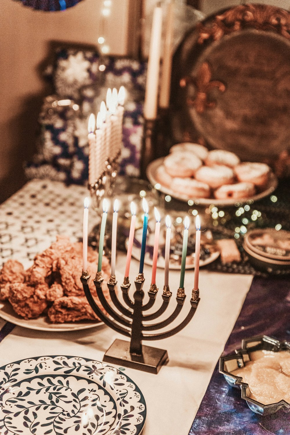 lit candles on table