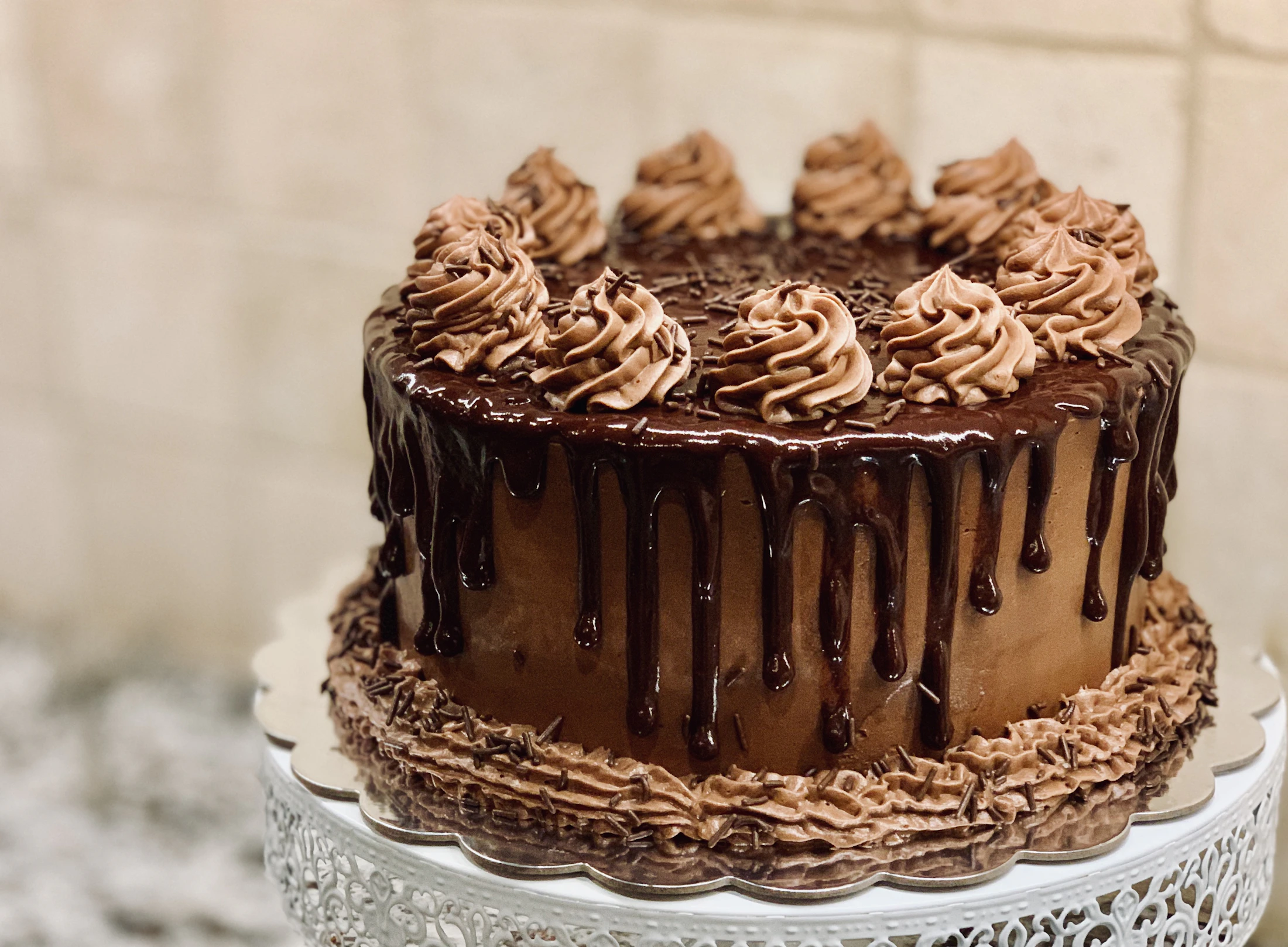 An elegant celebration cake decorated by hand