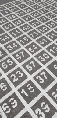 A grid of numbered squares painted on a dark gray asphalt surface. The numbers range from 1 to 9, with some numbers repeated multiple times in a random order. The squares are outlined in white paint.