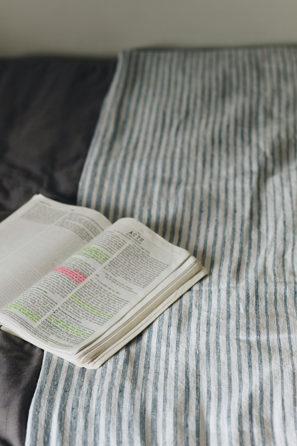 an open book on top of a bed