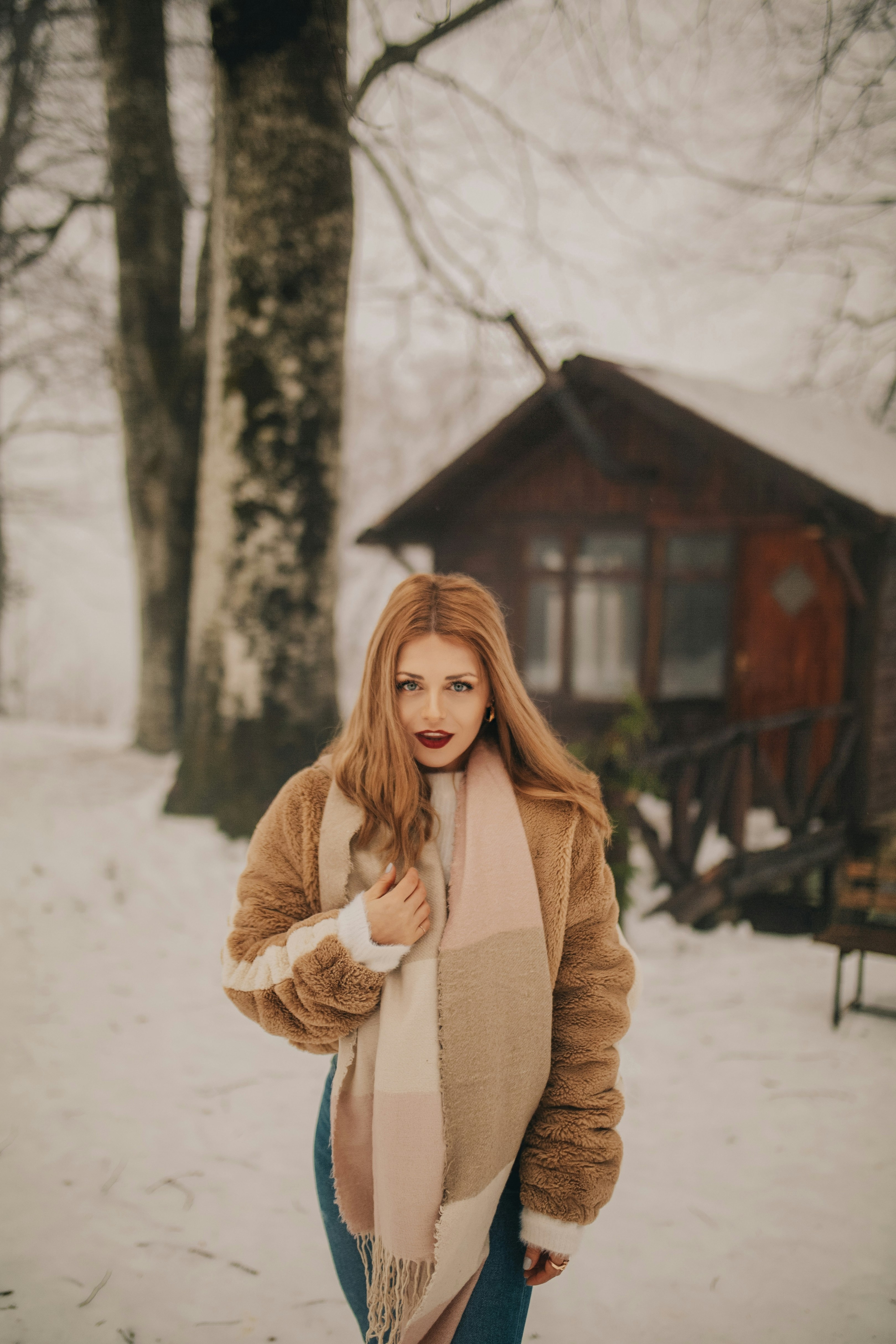 forest, tree, wood, woman, hat, jacket, winter, autumn, leaf, fashion, winter fashion, holiday, serenity, nature, landscape, shorts, face, smile, cool, forest, snow, fur, mantle, coat, boot, snowman, mountain