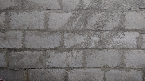 A close-up view of a rough, unfinished brick wall with visible mortar between the bricks.