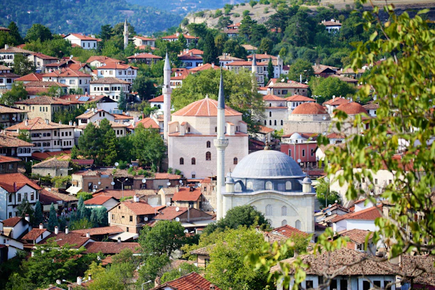 A scenic view of Döğer Kasabası with traditional houses and a clear blue sky.