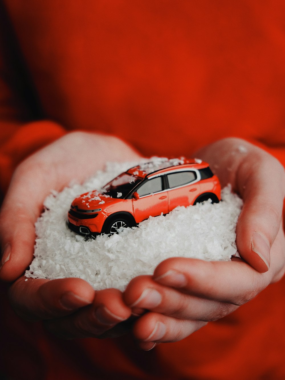 person holding red vehicle die-cast model