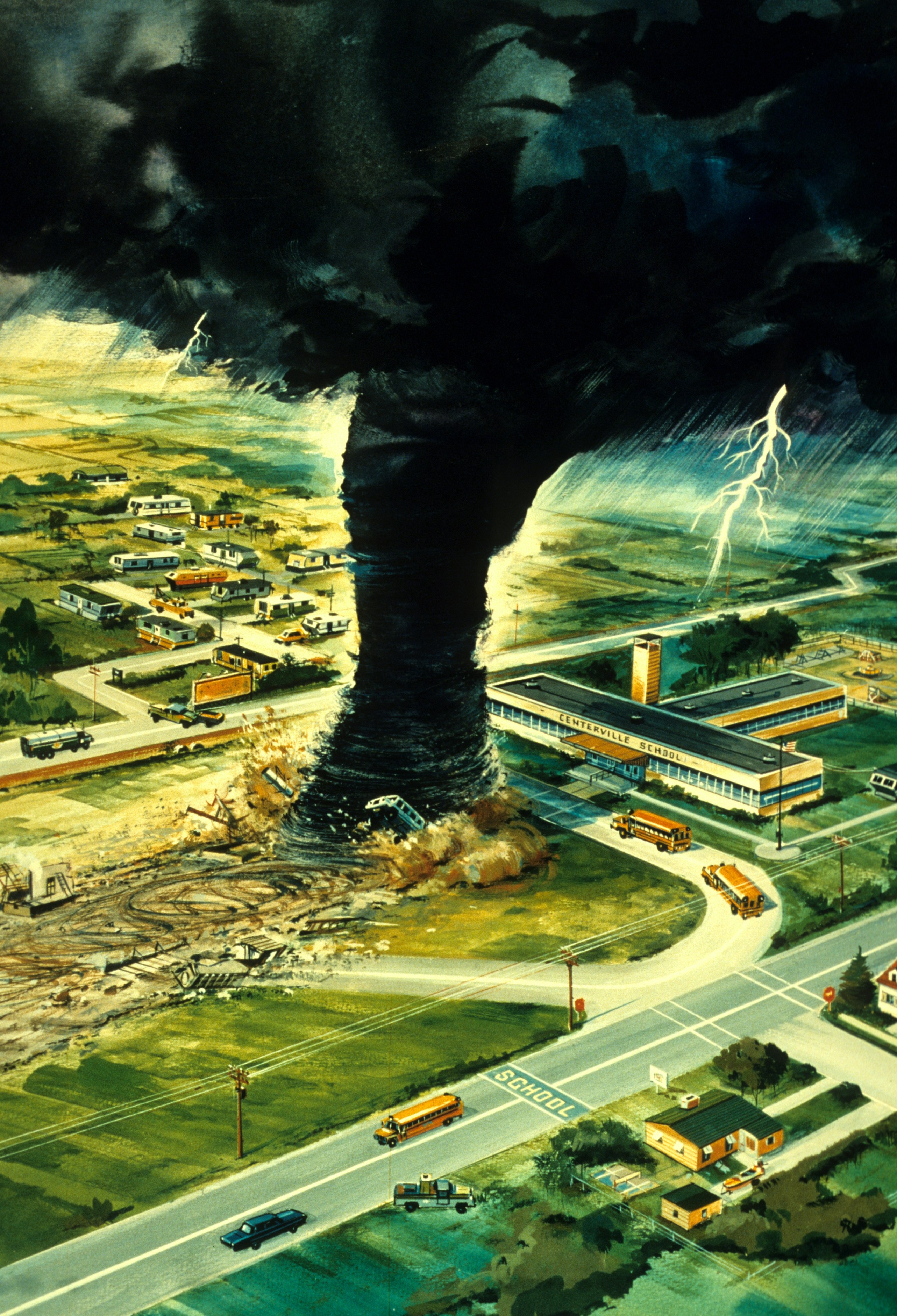 Artist's rendition of a tornado about to strike a school at the worst possible time while school buses are loading. 
