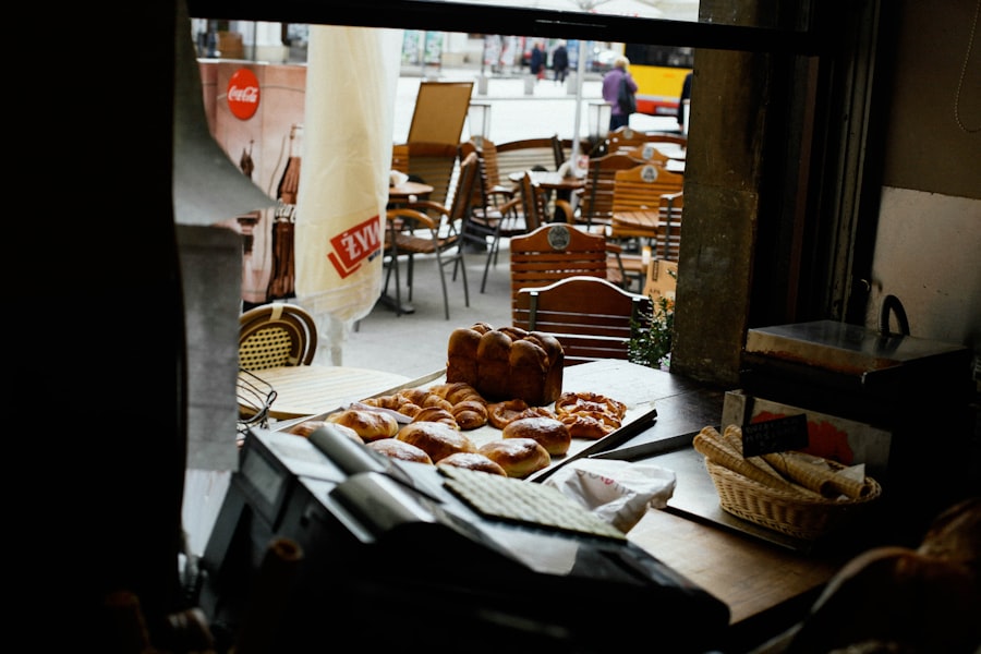 Freshly baked artisan breads and pastries on a table