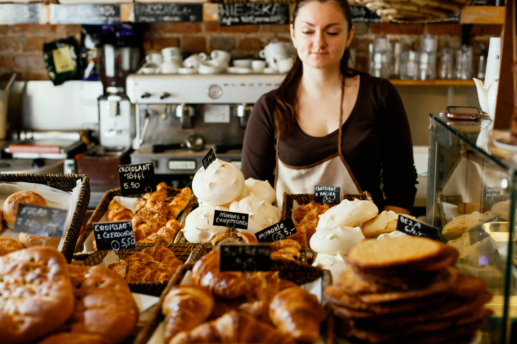 Loaves of bread on the bakery counter in the morning