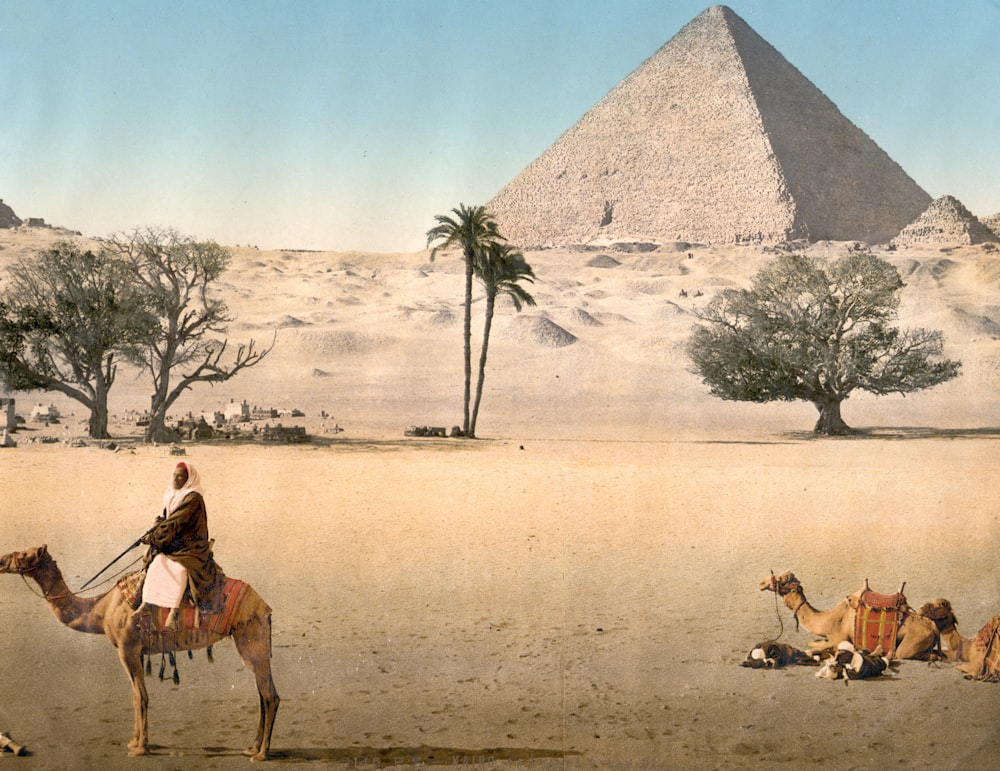 Beduínos em repouso e a Grande Pirâmide, Cairo, Egito