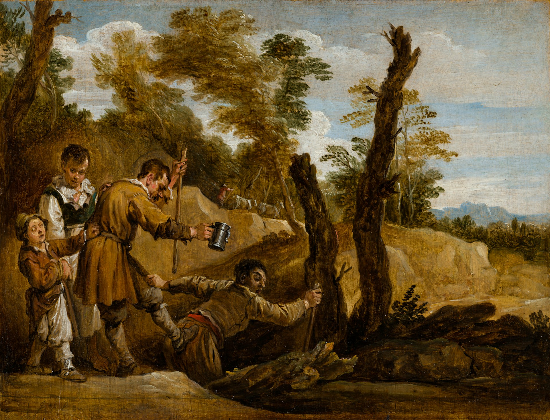 people walking on field painting