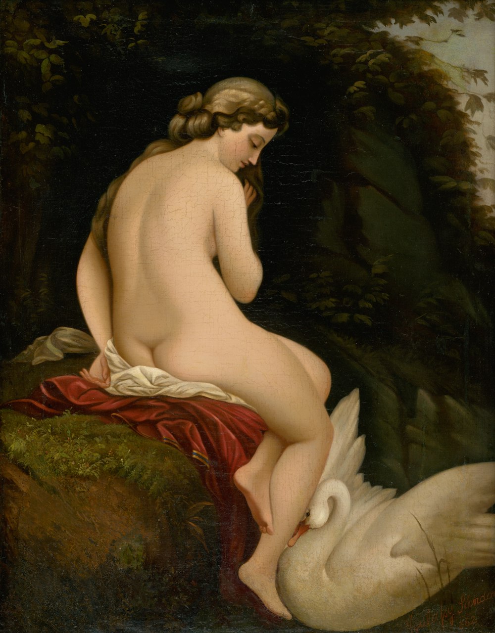 nude woman and white swan painting