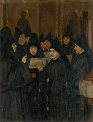 A group of women dressed in black religious garments stand together, holding and looking at hymn sheets. The background shows a dimly lit room with religious iconography.