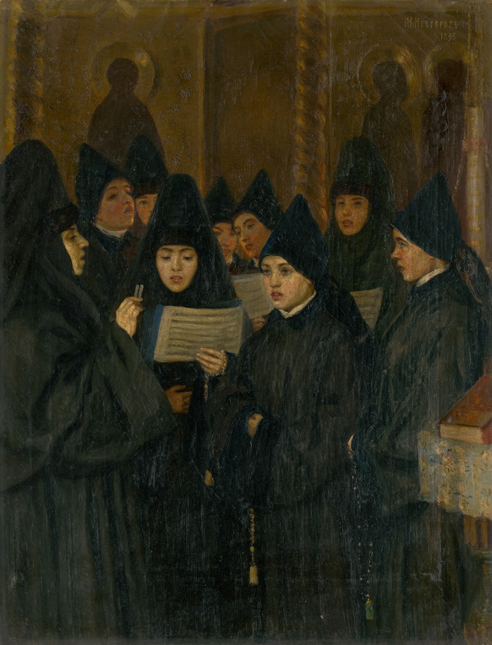 woman wearing black headdress holding book painting