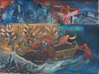 A vibrant and abstract painting with a strong use of colors and brush strokes. The painting appears to depict a dynamic scene with a person in a sleigh or cart, pulled by horses or animals through a snowy landscape. The background consists of dynamic, abstract geometric patterns, resembling a forest or cityscape.