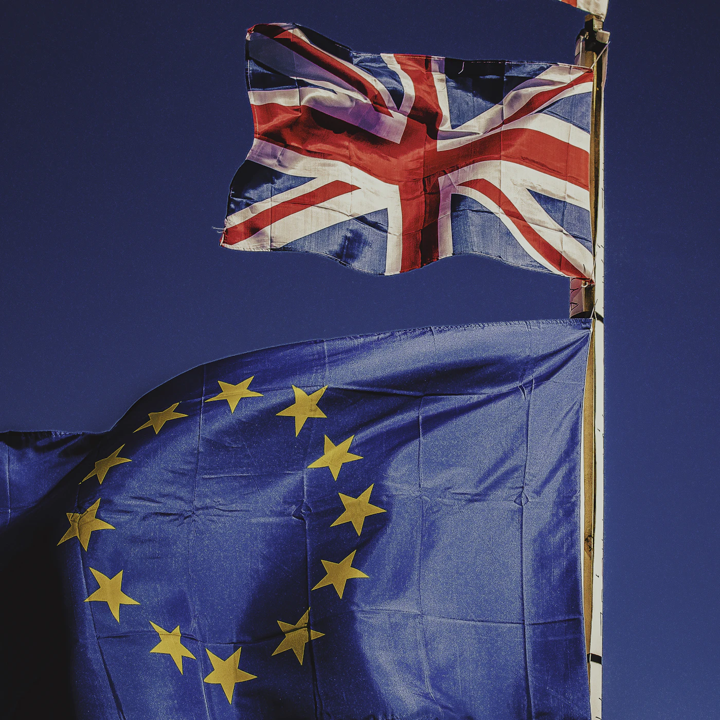 The Union Jack and the flag of the European Union flying side by side