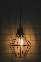A rustic industrial cage pendant light glowing softly over a wooden dining table.