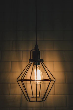 A rustic industrial cage pendant light glowing softly over a wooden dining table.