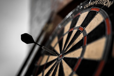 A dartboard with a dart embedded in the bullseye, showcasing a close-up perspective. The board displays a mix of black, beige, and red segments with a metallic wire frame.