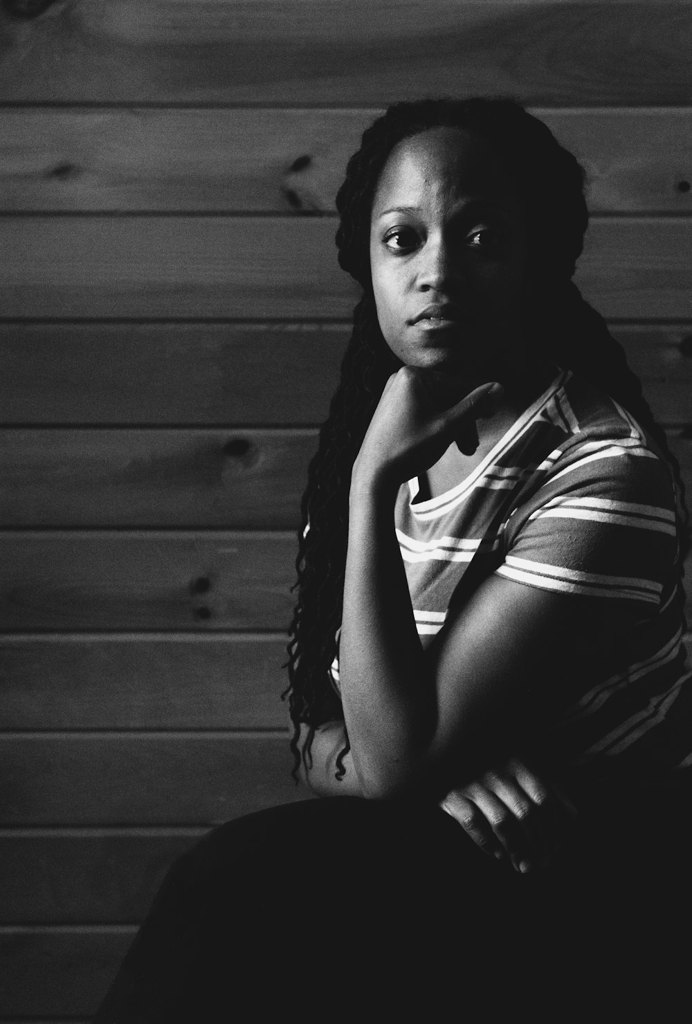 woman wearing stripe blouse