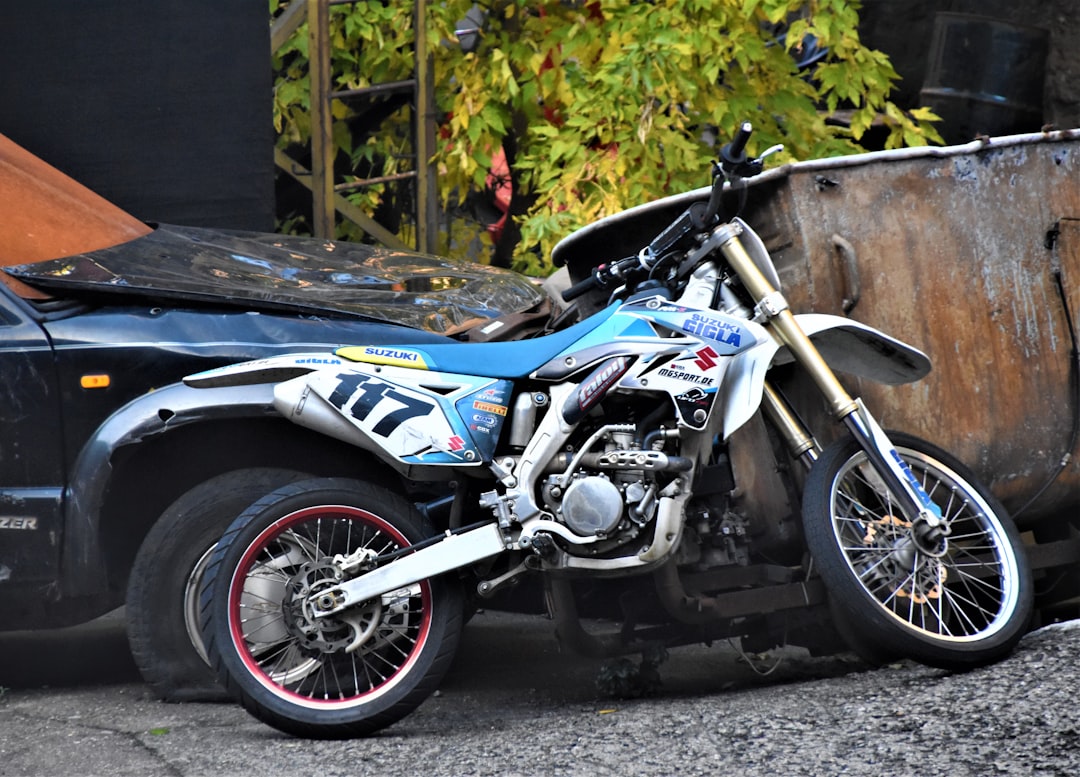white and blue motorcycle