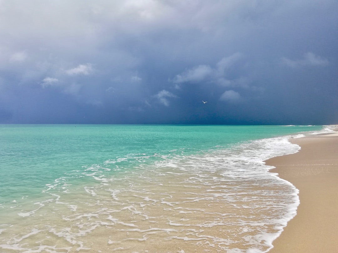 waves crashing on shore, Hurricane Dorian on the horizon.