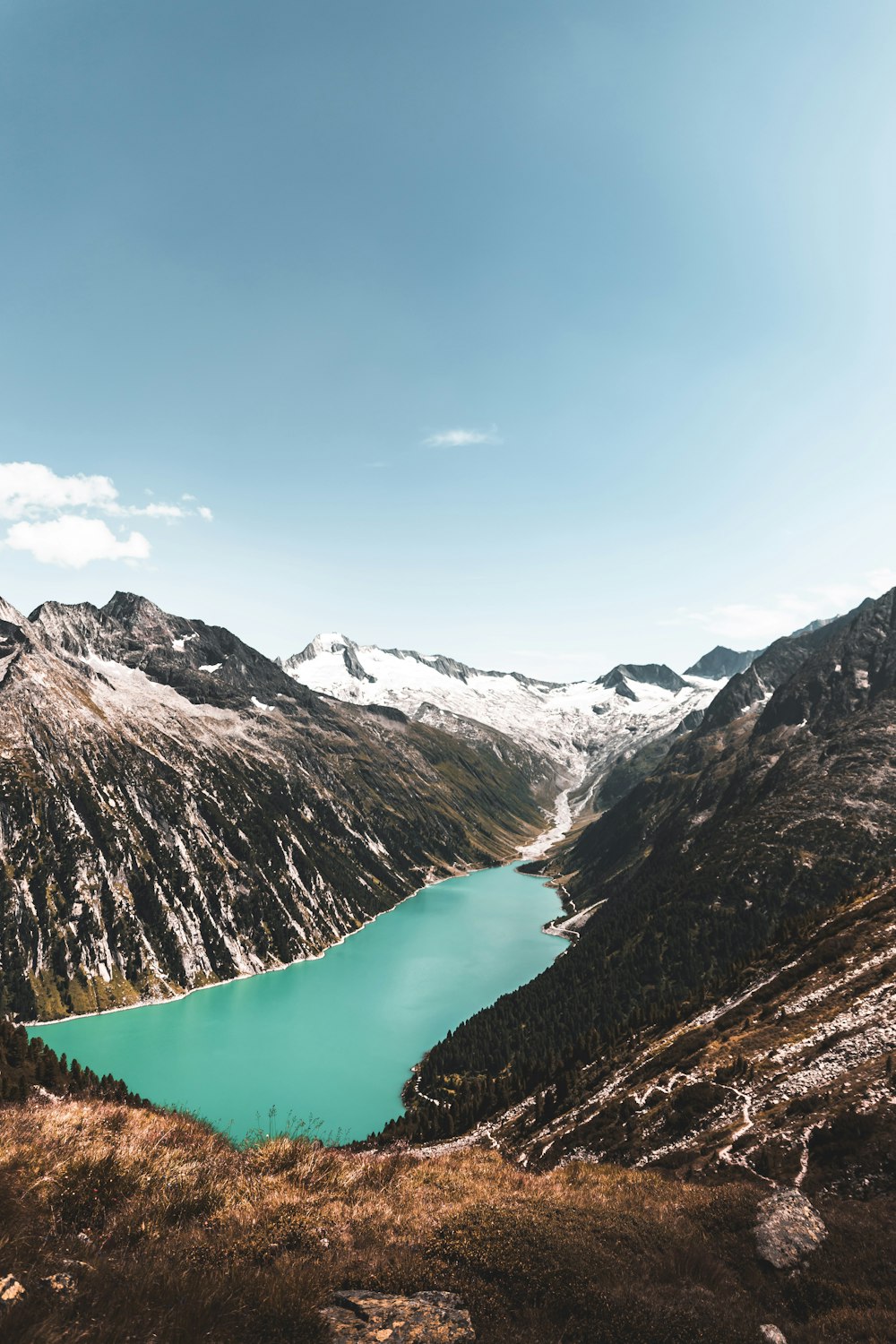 body of water between mountain