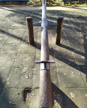 Wooden seesaw in natural park setting with children laughing.