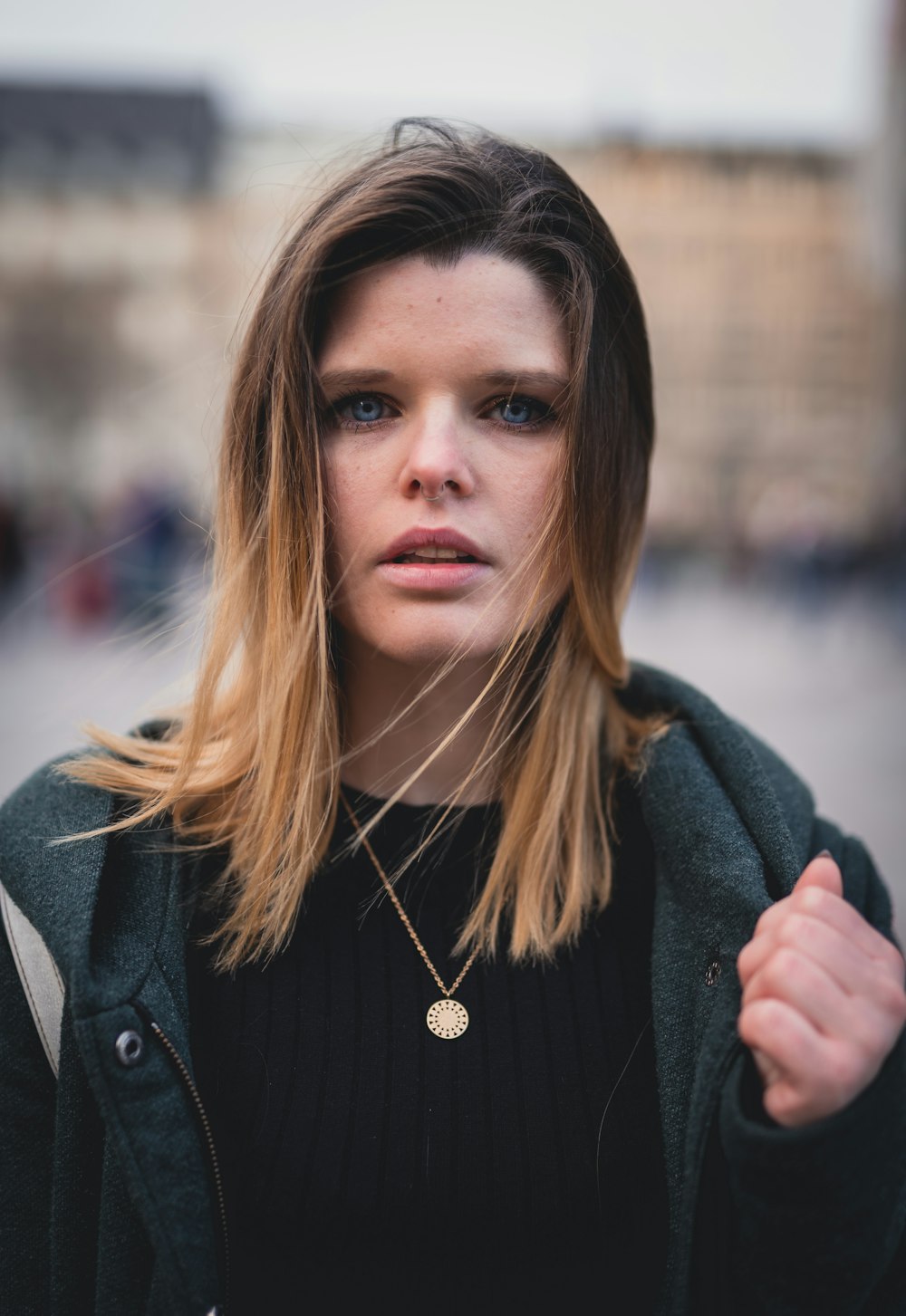 woman wearing black crew-neck top