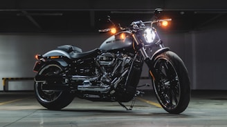 black and gray cruiser motorcycle on parking lot
