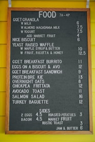 food menu on the wall