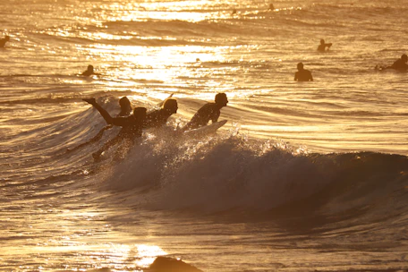 Surfers catching waves early morning near Jesolo Aruga's sandy beach.