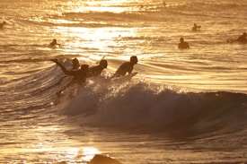 Surfers ride the waves on a sunlit ocean, with several silhouetted figures in the water enjoying the late afternoon. The golden light casts a warm glow over the scene, highlighting the movement of the waves.