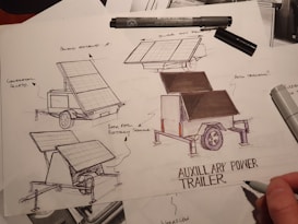 The image features sketches of an auxiliary power trailer with solar panels mounted on top. It includes annotations such as 'Panels extend up', 'Slide out panel', 'Generator access', 'Room for battery storage', and 'Auto tracking?'. The sketches depict different configurations of trailers equipped with solar panels. Two markers and a hand holding a pen, which appears to be drawing, are also visible.