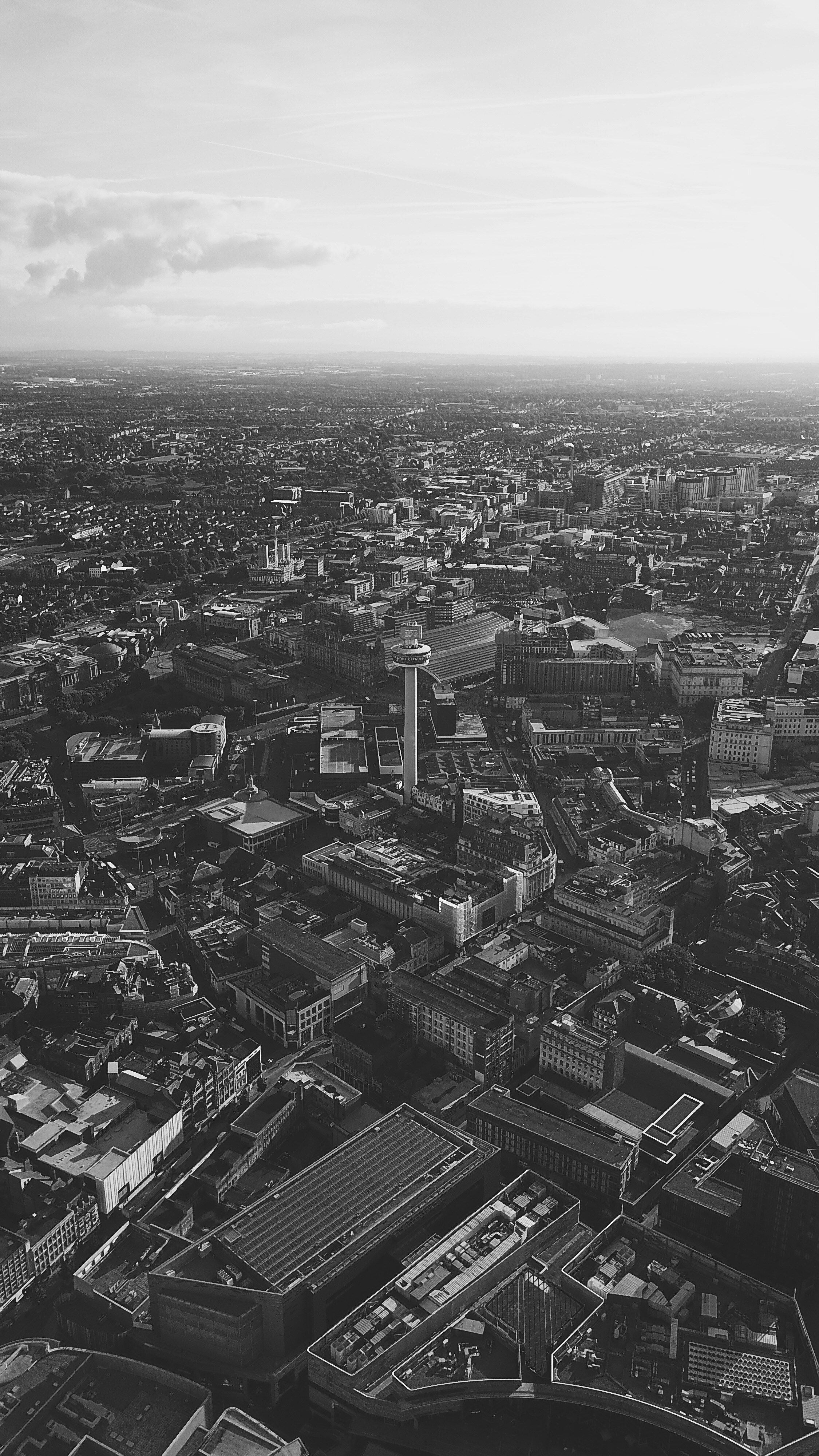 An aerial drone photo of St Johns Beacon in Liverpool, UK