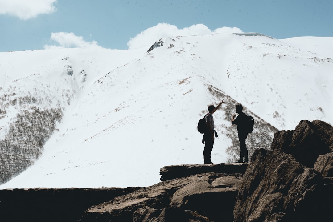 two person standing on stone near mountain range