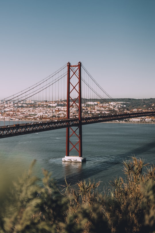 bird's eye photography of red and black suspension bridge in 25 de Abril Bridge Portugal