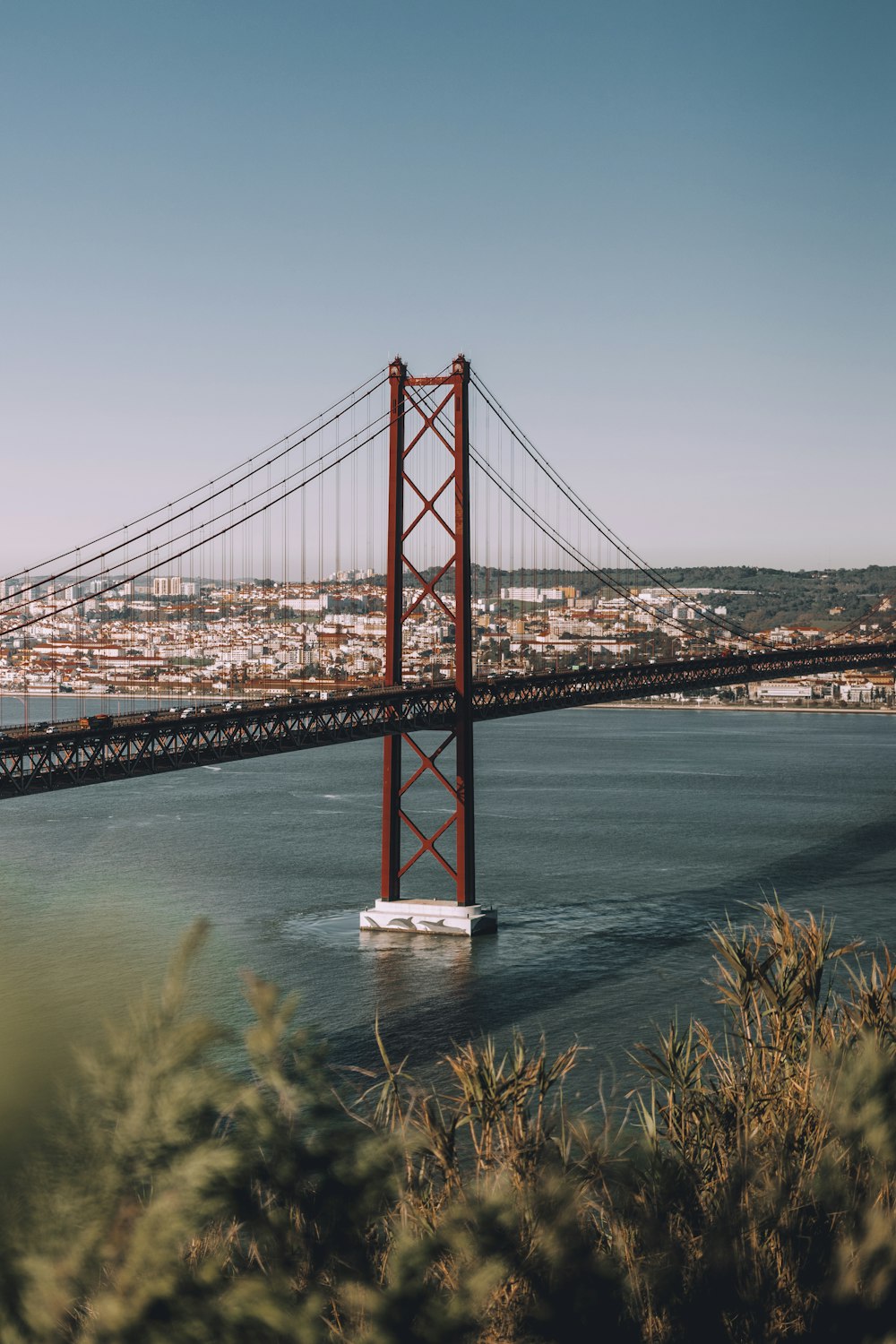 bird's eye photography of red and black suspension bridge