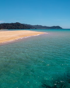 A serene coastal landscape with clear turquoise water and a sandy beach stretching towards a distant tree-covered island. The horizon reveals calm blue skies above the peaceful sea.